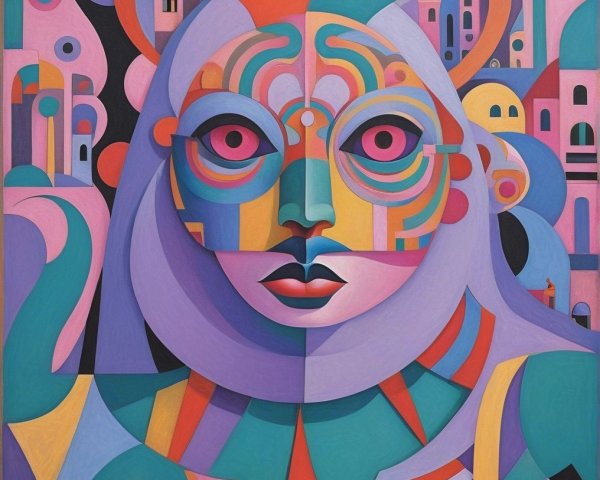 Vibrant Artwork with Stylized Face and Geometric Shapes