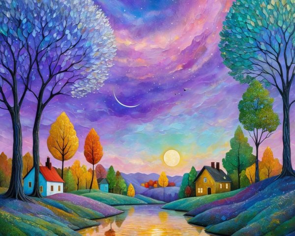 Vibrant landscape with river, colorful sky, and trees