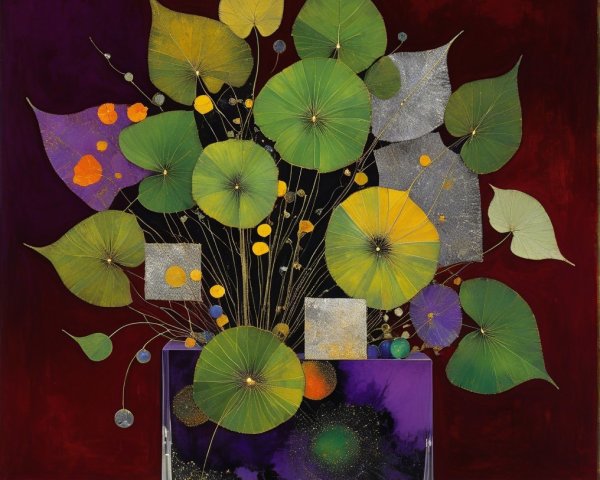 Vibrant Still Life with Glass Vase and Stylized Leaves
