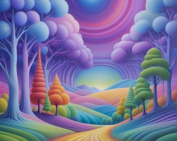 Surreal Landscape with Colorful Trees and Horizon