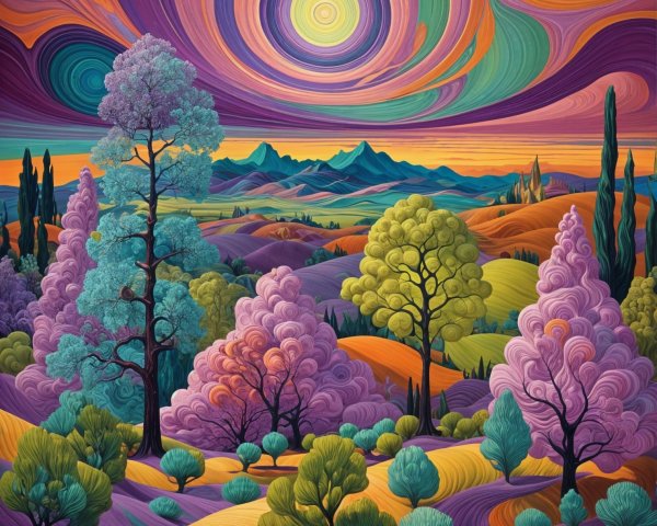 Vibrant Swirling Landscape with Exaggerated Colors