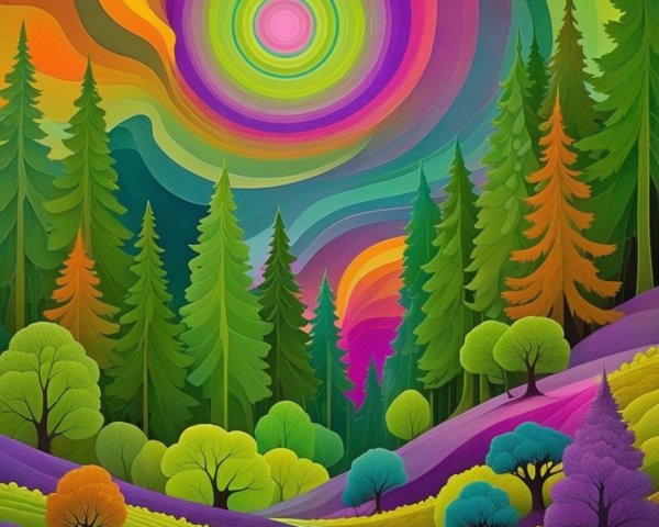 Surreal Landscape with Vibrant Colors and Trees