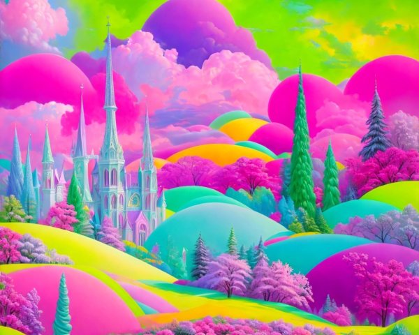 Vibrant Fantasy Landscape with Grand Castle and Hills
