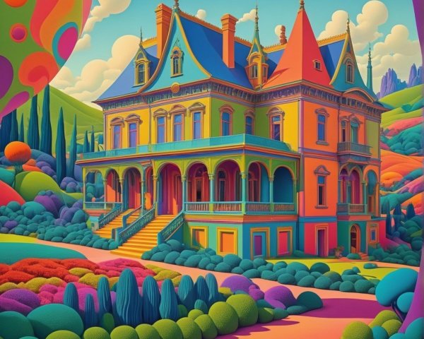 Vibrant Mansion in a Colorful Surreal Landscape