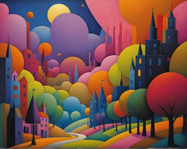 Vibrant Whimsical Landscape with Colorful Town and Trees