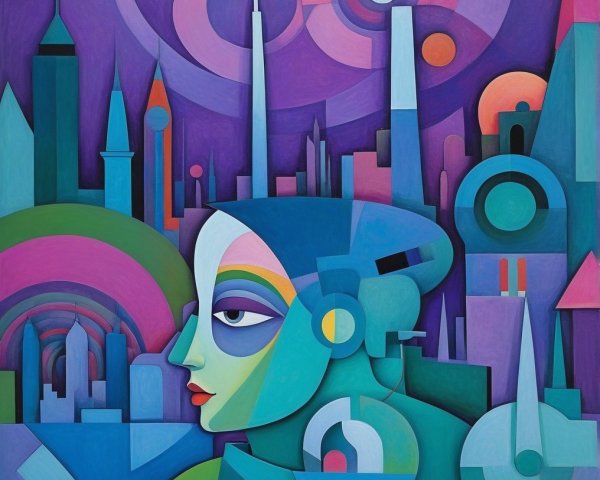 Abstract Portrait with Geometric Shapes and City Skyline