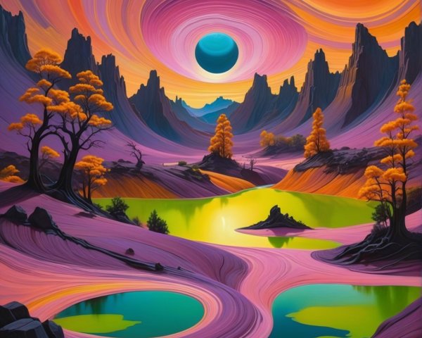 Surreal Landscape with Vibrant Colors and Mountains