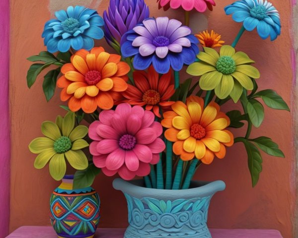 Vibrant Flower Bouquet in Ornate Blue Pot Display