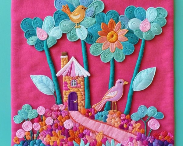 Vibrant Embroidery Art with Whimsical House Scene