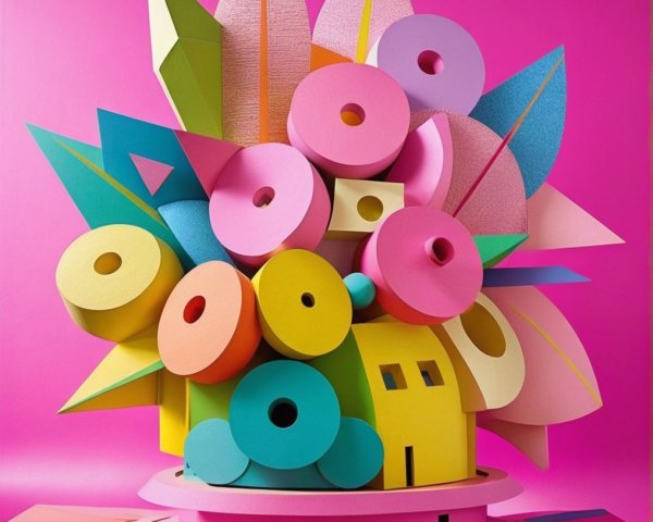 Oversized Colorful Geometric Shapes on Pink Background