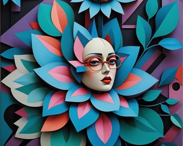 Stylized Female Face with Vibrant Floral Surroundings