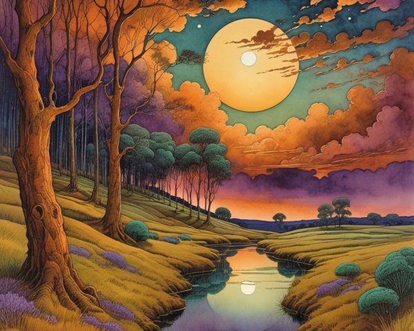 Vibrant Dusk Landscape with Rolling Hills and Moon
