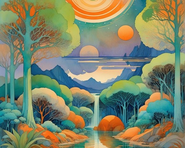 Whimsical Landscape with Pastel Trees and Waterfall