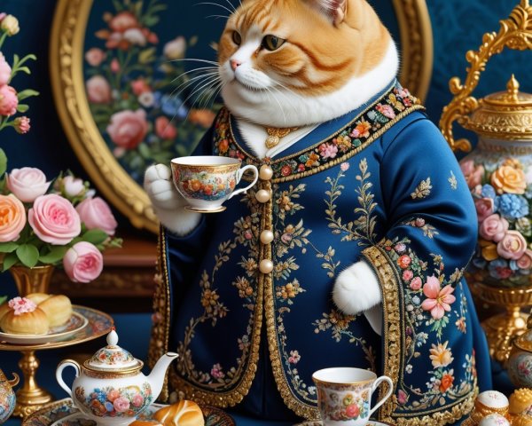 Regal Cat in Blue Coat with Elegant Tea Set and Pastries