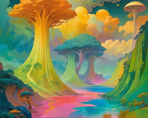 Surreal Landscape with Colorful Trees and Glowing Sky