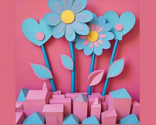 Vibrant Paper Craft Scene with Flowers and Houses