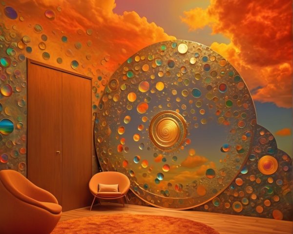 Surreal Interior with Colorful Orbs and Dramatic Ceiling