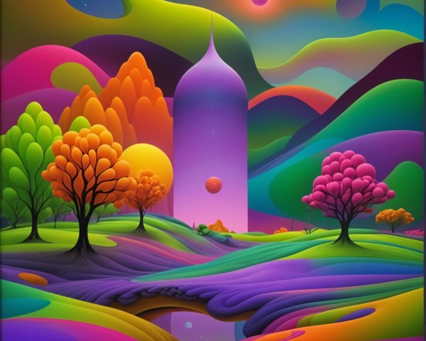 Vibrant Dreamlike Landscape with Whimsical Elements