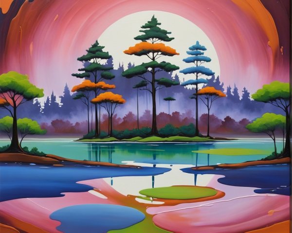 Vibrant Landscape with Tranquil Lake and Sunset Reflections