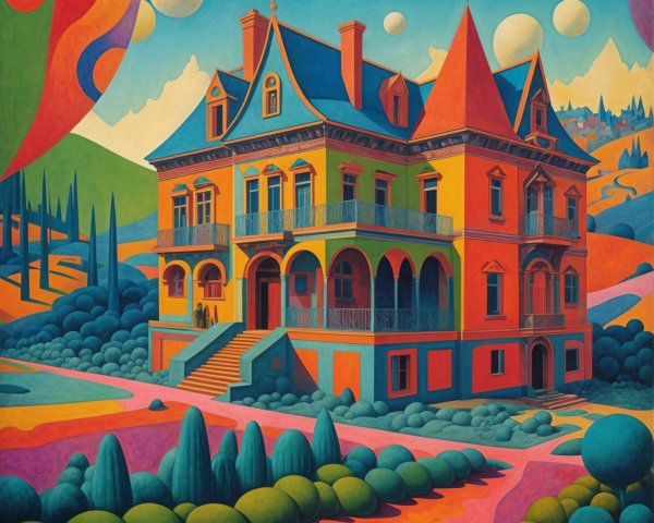 Surreal Landscape with Colorful Mansion and Abstract Sky