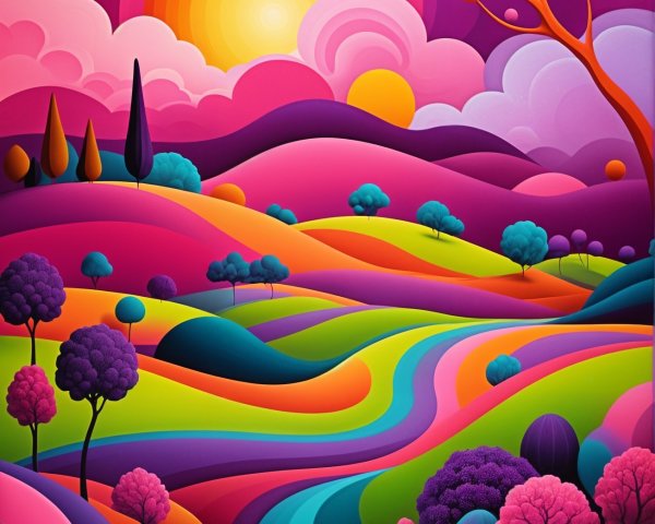 Vibrant Colorful Landscape with Hills and River