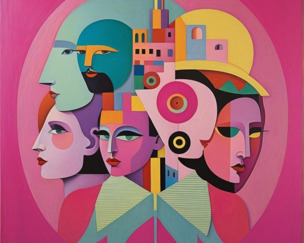 Abstract Faces on Bold Pink Background with Geometry