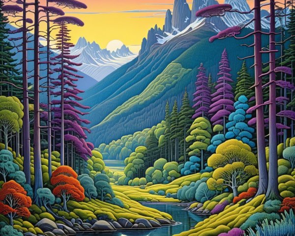 Vibrant Landscape with River and Colorful Sunset