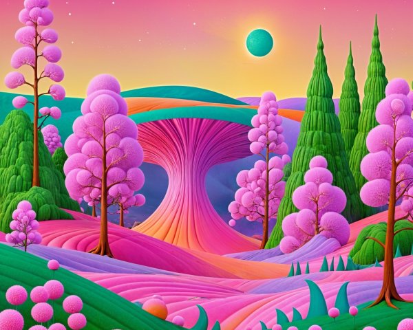 Surreal Landscape with Colorful Trees and Dreamy Sky
