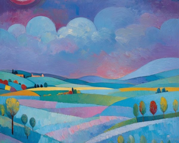 Vibrant Landscape Painting with Rolling Hills and Sun