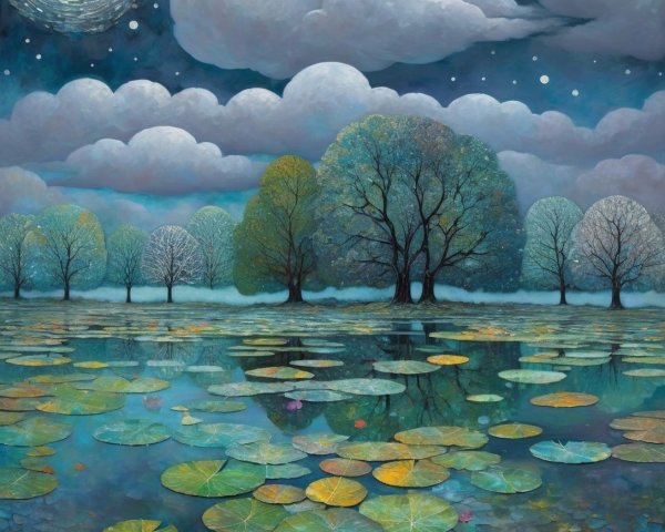 Tranquil Lake Scene with Lily Pads and Starry Sky