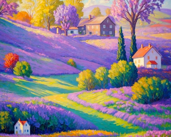 Vibrant Landscape of Lavender Hills and Quaint Houses