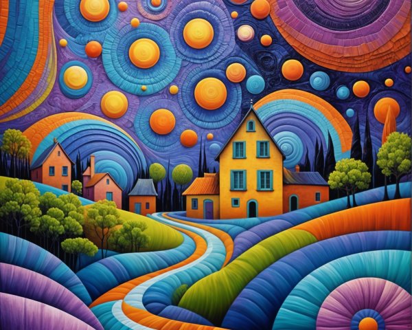 Surreal Landscape with Colorful Hills and Houses