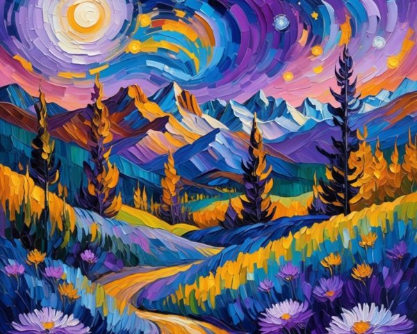 Vibrant Landscape with Colorful Skies and Mountains