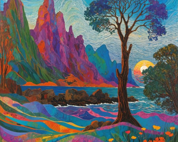 Vibrant Landscape with Colorful Mountains and Ocean
