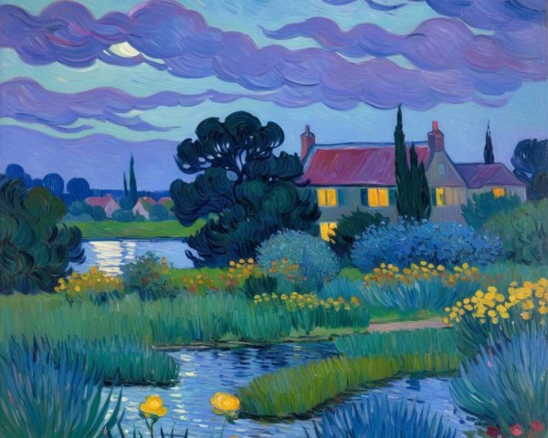 Twilight Landscape with River, Cottage, and Flowers