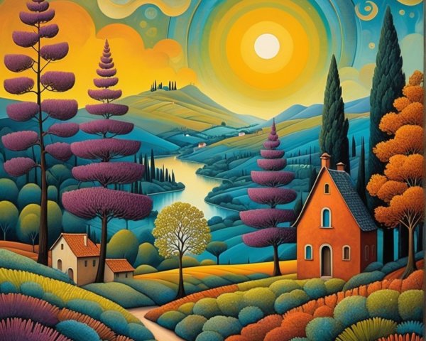 Vibrant Whimsical Landscape with Colorful Elements