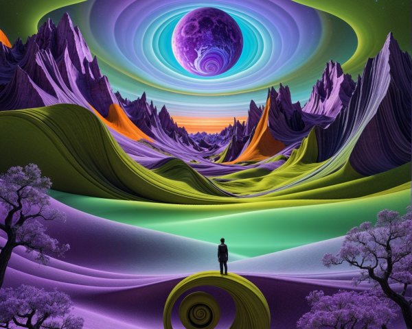 Surreal Landscape with Vibrant Mountains and Cosmic Sky