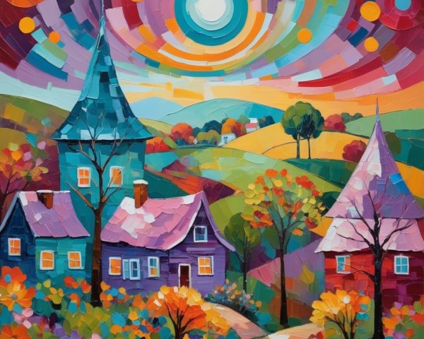 Colorful Landscape with Whimsical Houses and Garden