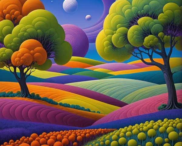 Surreal Landscape with Oversized Trees and Planets