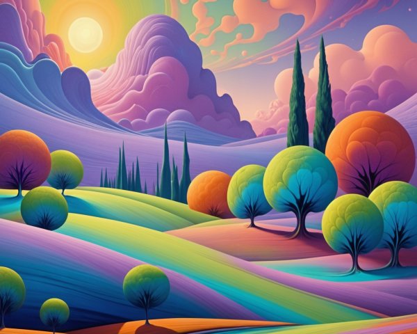 Vibrant Landscape with Colorful Trees and Surreal Clouds