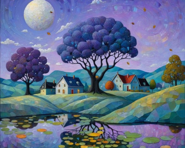 Whimsical Landscape with Quaint Houses and Twilight Sky