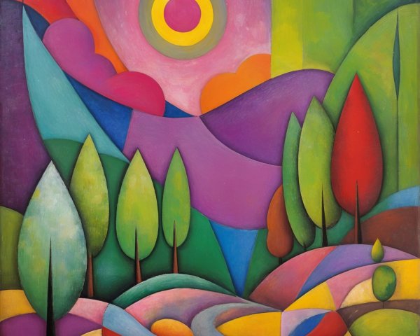 Vibrant Abstract Landscape with Curved Hills and Sun