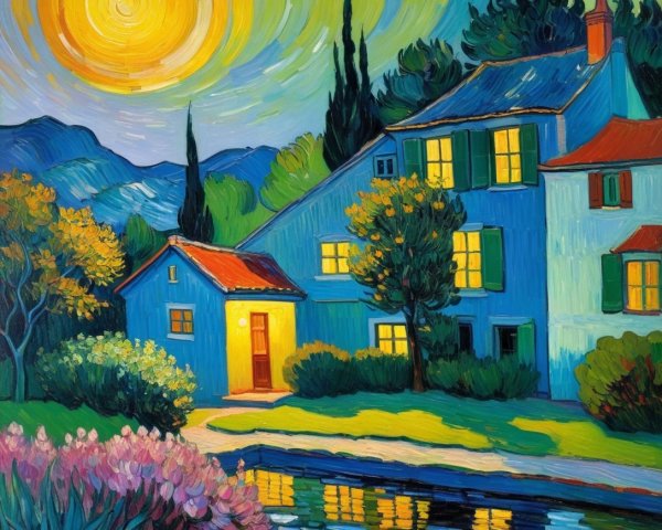Vibrant Landscape with Blue House and Serene Pond