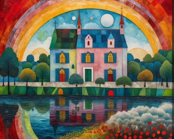 Whimsical Landscape with Colorful House and Lake