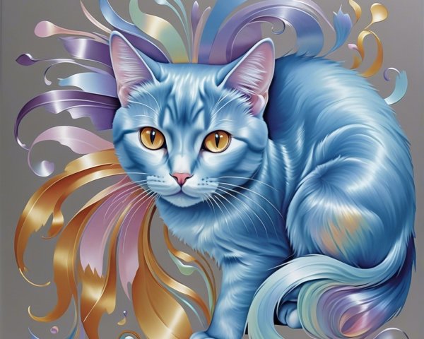 Stylized Blue Cat with Pastel Swirls Background