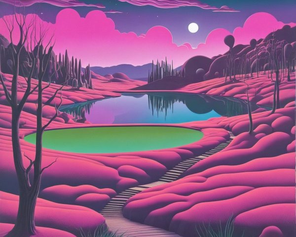 Surreal Landscape with Pink Hills and Emerald Lake