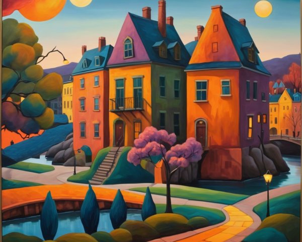 Surreal Landscape with Colorful Houses and Moons
