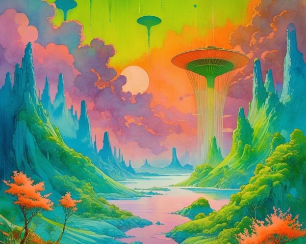 Surreal Landscape with Colorful Mountains and River