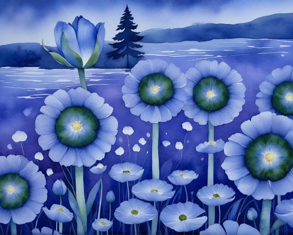 Watercolor Painting of Blue Flowers and Landscape