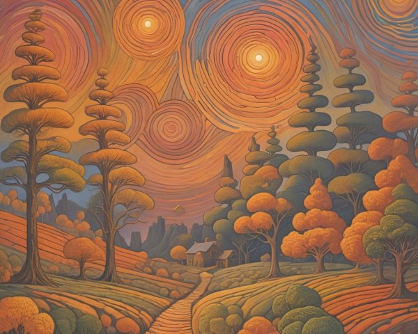 Vibrant Sunset Landscape with Stylized Trees and Hills